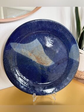 Handmade Studio Pottery Plate Blue Glaze Signed Artisan Stoneware 14”
